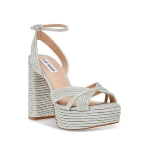 STEVE MADDEN Womens Silver 1-1/2" Platform Laurel Open Heeled Sandal 10 M